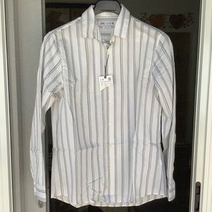 Mens Large - NWT Wht Blk Stripe Zara Long Sleeve Button Down Shirt Casual Cotton